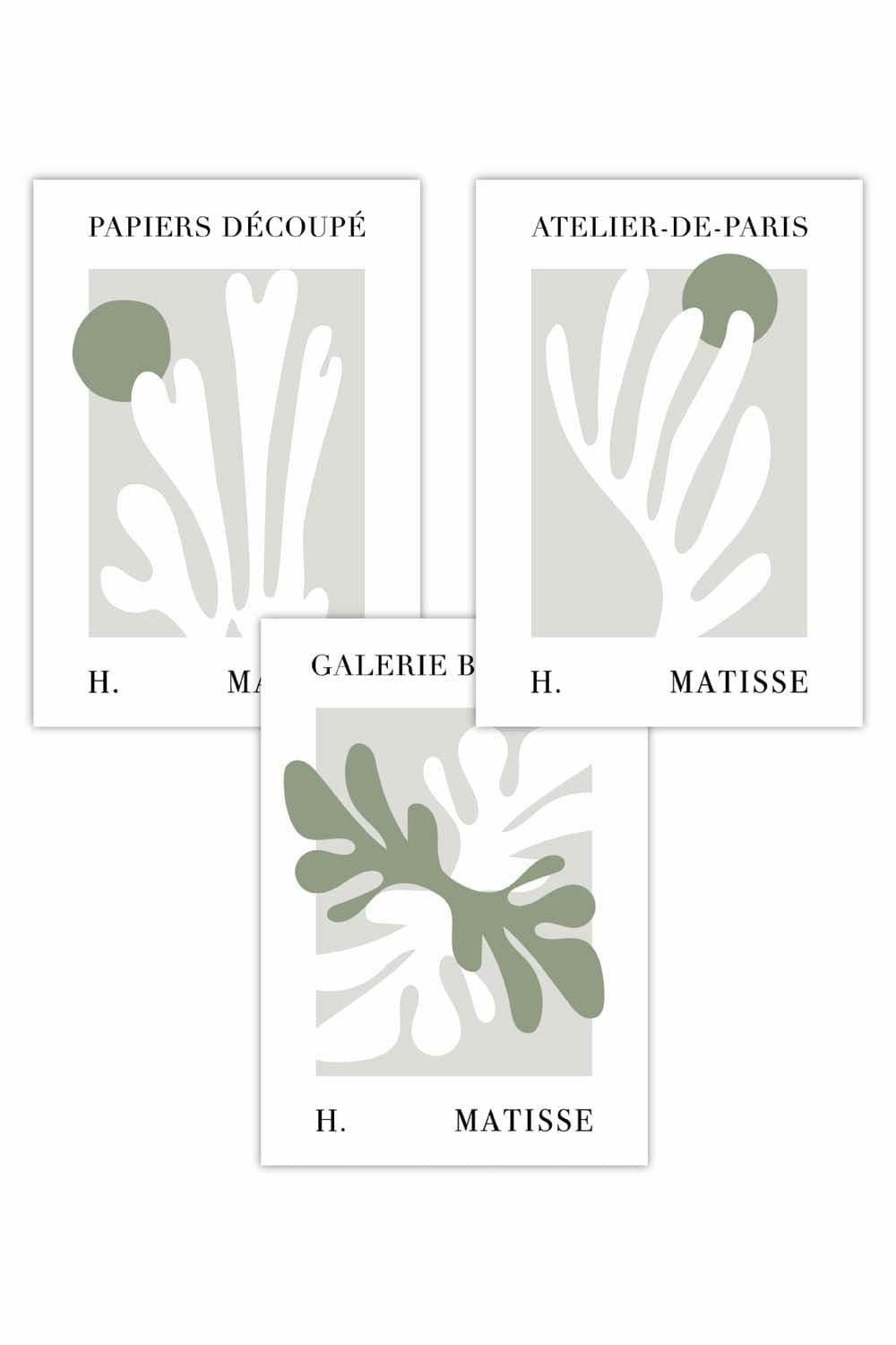 Set of 3 Matisse Floral Cut Out Style  in Green & Beige Art Posters